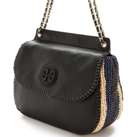 Tory Burch Handbags - Tory Burch Marion Leather & Woven Straw Saddlebag
